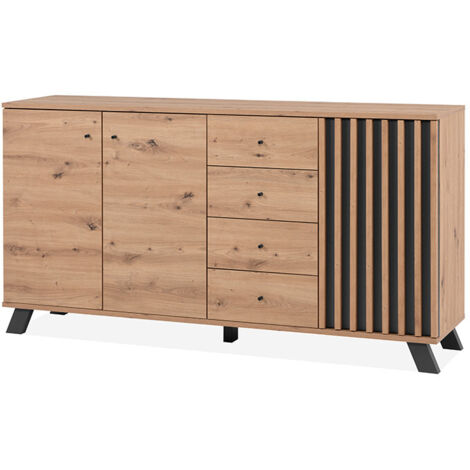 Buffet Medan51C 3 portes et 4 tiroirs en chêne anthracite – Dimensions L. 160 x P. 40 x H. 85 cm – Style contemporain avec pieds en MDF