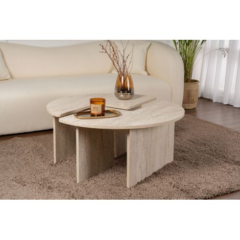 Calicosy – Lot de 2 tables basses gigognes Ø90 cm – Aggloméré mélaminé 18mm – Hauteur 41 cm – Design moderne travertin