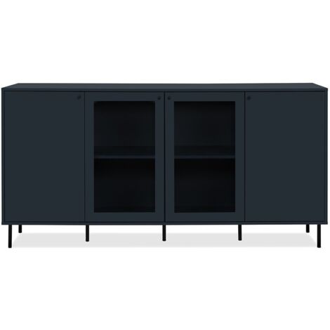 Calicosy – Buffet bas CARACAS bleu navy – 2 portes vitrées et 2 portes pleines – Dimensions L180 x H90 x P40 cm – Fabrication européenne (1/10)