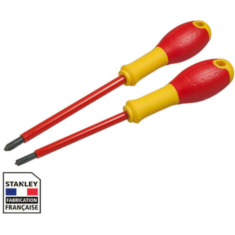 Stanley – Jeu de 2 tournevis isolés 1000V – Empreinte Philips pour contacteurs et relais – Poignées bi-matière ergonomiques