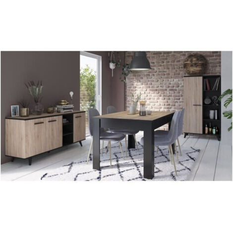 Ensemble salle à manger complet – Enfilade 3 portes – Table haute pour 4 à 6 personnes – Vitrine chêne brossé et mélamine noire – Demeyere (1/10)