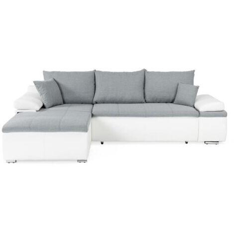 Canapé d'angle réversible convertible 3 places – Simili blanc et tissu gris – Coffre sous l'assise – Couchage 149 x 190 cm – L 274 x P 184 cm (1/5)