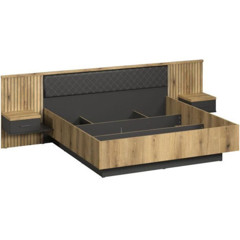 Lit double 180 x 200 cm – Tête de lit rembourrée en similicuir gris – Éclairage LED intégré – Structure basse en chêne blond et anthracite – Trendteam (1/5)