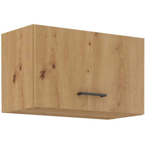 Meuble haut de cuisine 60 cm – Chêne artisan et noir mat – Porte basculante pour hotte – Rangement pratique – 1000Brico