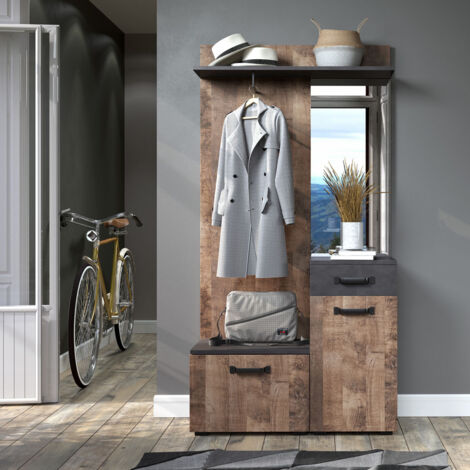 Armoire Couloir Avec Miroir & Banc - 180x100x38 Cm - Blanc - Rangement Chaussures & Vêtements