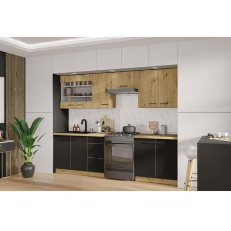 Cuisine complète 260 x 52 x 82 cm – Chêne artisan / Noir mat – Plan de travail non inclus – Aménagement optimal pour espaces modernes – 1000Brico (1/4)