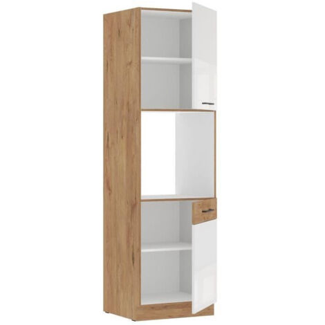 Colonne de cuisine mélaminé chêne Lancelot et blanc brillant – Largeur 60 cm – Hauteur 210 cm – 2 portes battantes – Niche pour four encastrable