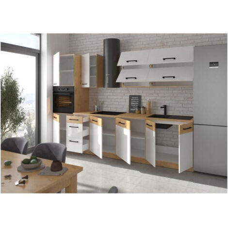 Cuisine complète 300 cm en mélaminé chêne Lancelot et blanc brillant – Meubles bas et hauts avec portes battantes et tiroirs – Aménagement pratique (1/4)