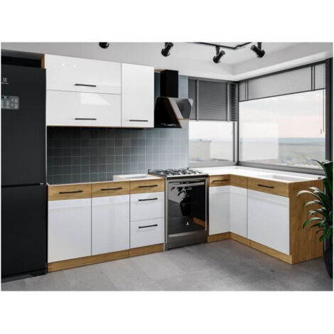 Cuisine complète d'angle mélaminé chêne Lancelot et gris matera – Dimensions 270 x 150 cm – Optimise l'espace avec rangements pratiques (1/4)