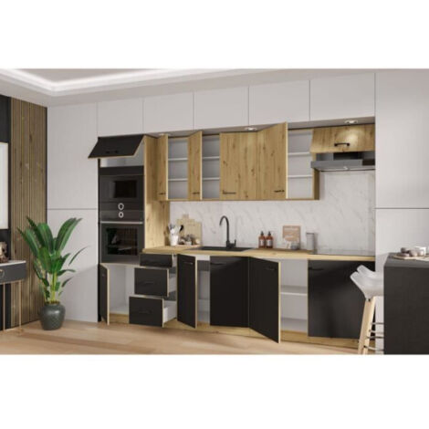 Cuisine complète 300 x 52 x 82 cm – Chêne artisan – Noir mat – Meubles pratiques pour optimisation espace culinaire – 1000Brico (1/4)
