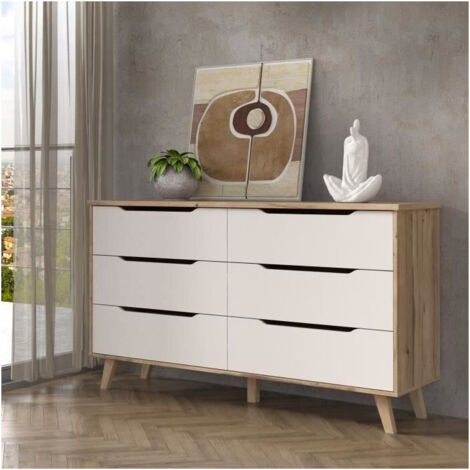 Commode 6 tiroirs décor chêne et blanc – Dimensions L 154 x P 42 x H 86 cm – 4 pieds + 1 pied de stabilisation