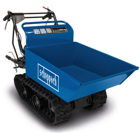 Scheppach Dumper - Benne motorisée thermique sur chenilles DP4500 - Charge maximale de 400kg - 5,6CV - 4 roues motrices - 3x marche avant - 1x marche arrière - Mini brouette - mini camion benne