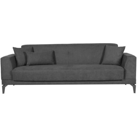 Canapé convertible 3 places - HENRY - Tissu gris clair - 3 coussins - coffre de rangement - 234 x 85 x 84 cm (1/5)
