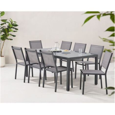 Ensemble table et chaises de jardin 8 places – Structure aluminium – Plateau en verre trempé – Dimensions table 180x90cm – Coloris gris