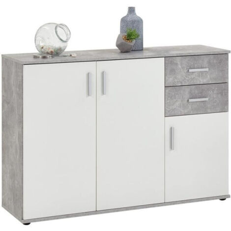 Buffet bicolore - Décor gris béton LA et blanc - 3 portes + 2 tiroirs - L120,5 x H83 x P35 cm - Fabriqué en Allemagne (1/3)