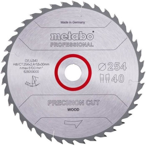 Metabo – Lame de scie circulaire 254mm – Alésage 30mm – 40 dents en carbure HW/CT – Angle de coupe 20° – Pour bois dur et MDF - CT 254 X