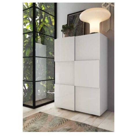 Calicosy – Meuble de rangement 2 portes H 115,5 cm – Finition blanc laqué – 5 étagères ajustables – Idéal pour entrée ou chambre (1/5)