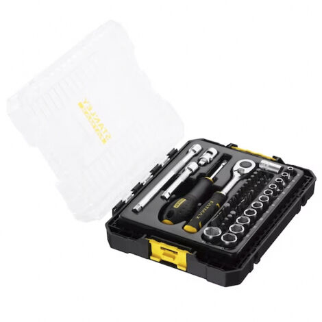 Stanley – Coffret cliquet et douilles 37 pièces – FMMT981010 – Clé à cliquet 1/4" avec bouton de dégagement rapide – Douilles chromées 4-13 mm (1/10)