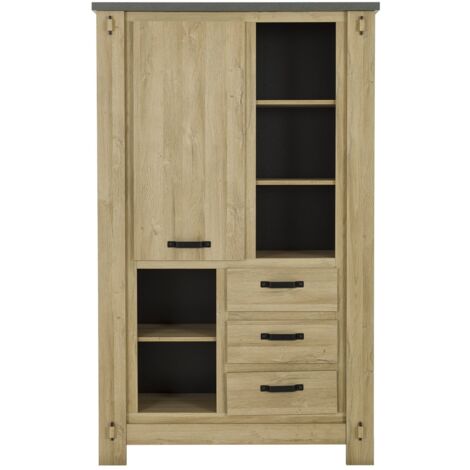 Buffet Haut BROCELIANDE Finition Chene Clair 1 Porte + 3 Tiroirs 124 × 50 × 202 cm GAMI (1/4)