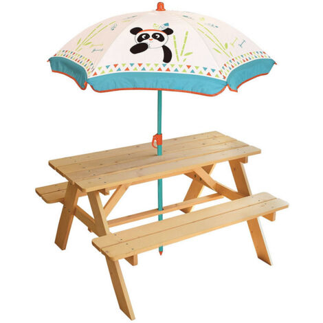 Table pique-nique en bois pour enfant avec parasol INDIAN PANDA – Mobilier de jardin – Dimensions adaptées aux enfants – Cijep