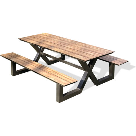 Table de jardin avec bancs – Aluminium gris anthracite – HPL effet bois – 210 x 174 cm – 8 places – Pour espaces extérieurs – Paris Garden (1/10)