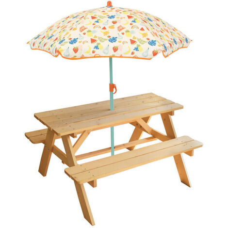 Table pique-nique en pin pour enfant H.53 x l.95 x P.75 cm avec parasol H.125 x Ø100 cm – Mobilier de jardin ludique – Cijep