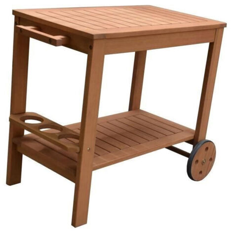 Desserte de jardin a roulettes en bois d'acacia FSC - SOLIS - Avec porte-bouteilles - Bois naturel - 94 x 49,3 x 74 cm (1/5)