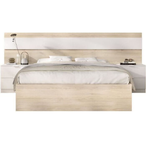 Ensemble lit adulte 160 x 200 cm avec tête de lit et 2 tables de nuit – Chêne naturel et blanc – Supports métalliques pour sommier – 1000Brico (1/5)