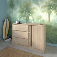 Commode ESCALE - 3 tiroirs - 1 porte - Décor chene - L 109,8 x H 76,8 x P 50 cm