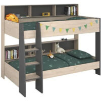 Calicosy – Lit superposé enfant 2 x 90 x 200 cm – Décor chêne jackson et gris ombre – Sommiers inclus – 6 niches de rangement