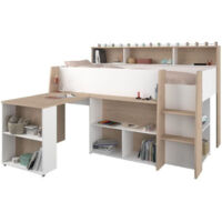 Lit combiné enfant avec bureau rétractable – Décor blanc et chêne – Couchage 90x200 cm – Structure panneaux de particules – Sommier inclus – Parisot