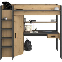 Les Tendances – Lit combiné mezzanine enfant – Chêne et gris – Sommier inclus – 90 x 200 cm – Armoire avec 2 étagères et bureau