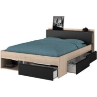 Lit adulte avec 3 tiroirs réversibles – Chêne et noir – Dimensions ajustables 140x190 à 200 cm – Rangement tête de lit – Parisot