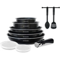 Arthur Martin – Batterie de cuisine 10 pièces – Aluminium 2,5 mm – Revêtement anti-adhérent – Casseroles et poêles tous feux sauf induction – Noir