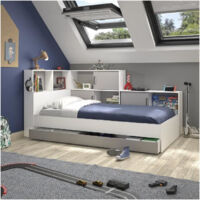 Calicosy – Lit enfant avec tiroirs 90 x 200 cm – Décor blanc et gris – Structure en panneaux de particules – Montage réversible