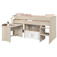 M&S – Lit combiné enfant 90x200 cm – 2 portes – Avec bureau sur roulettes – Décor acacia clair et blanc – Dimensions L 206,3 x H 110 x P 114/183 cm