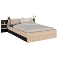 Lit adulte 140 x 190 cm avec tiroir de rangement – Décor chêne et noir – Tête de lit avec tablettes – Parisot