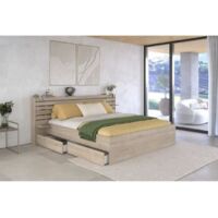 Lit adulte 180x200 cm – Décor chêne du Japon – 2 tiroirs de rangement – Tête de lit avec bandeaux – Fabriqué en France – Parisot