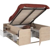 Lit coffre adulte 140x190/200 cm – Coffre relevable – Décor chêne et blanc – Dimensions 168,3x66,5x209,5 cm – Parisot