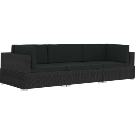 vidaXL Set Divani da Giardino 3 pz con Cuscini in Polyrattan Nero