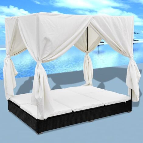 vidaXL Lettino Prendisole con Tende in Polyrattan Nero