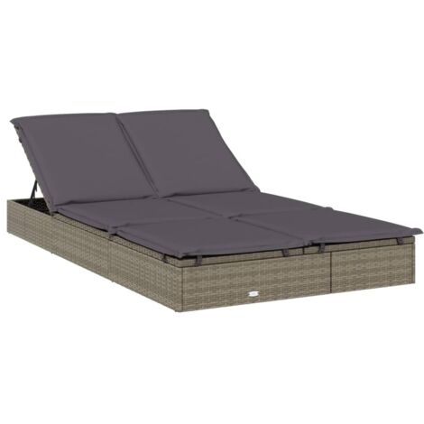 vidaXL Lettino Prendisole 2 Persone con Cuscini Grigio in Polyrattan
