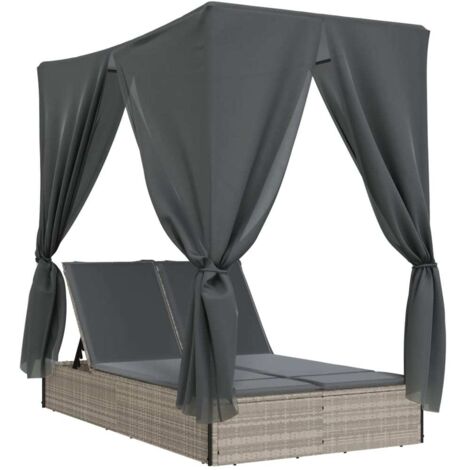 vidaXL Lettino Prendisole Tetto e Tende Grigio Chiaro in Polyrattan