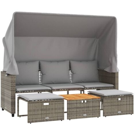 vidaXL Divano Giardino 3 Posti con Tetto e Sgabelli Grigio Polyrattan (1/5)