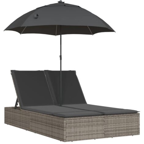 vidaXL Lettino Prendisole Doppio Cuscini e Parasole Grigio Polyrattan