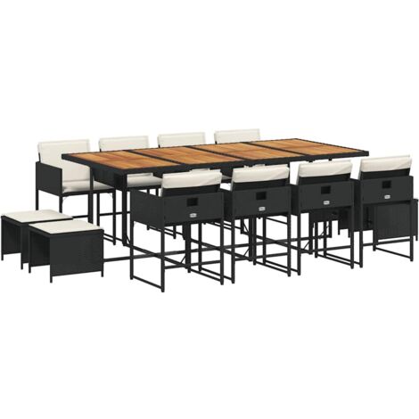 vidaXL Set da Pranzo da Giardino 13pz con Cuscini Nero in Polyrattan