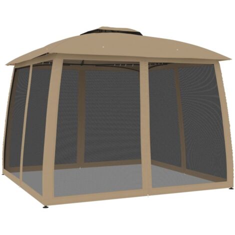 Gazebo con Tetto Doppio/Pareti Rete Tortora 2,93x2,93 m Acciaio vidaXL