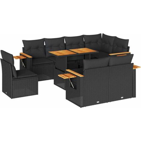 vidaXL Set Divani da Giardino 9 pz con Cuscini Nero Polyrattan Acacia (1/5)