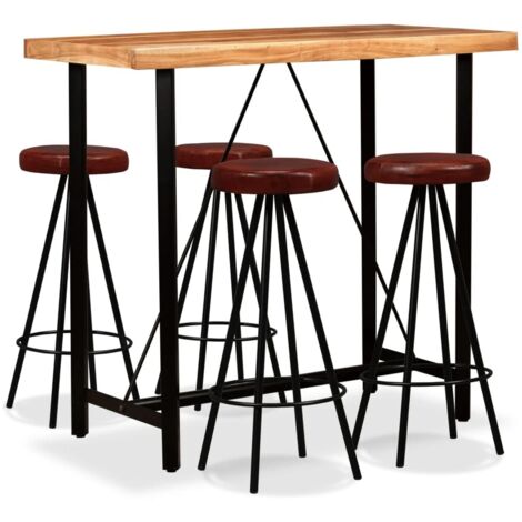 Set da Bar 5 pz in Legno Massello di Acacia e Vera Pelle vidaXL