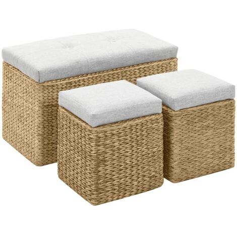vidaXL Panca e 2 Pouf in Giunco Grigio